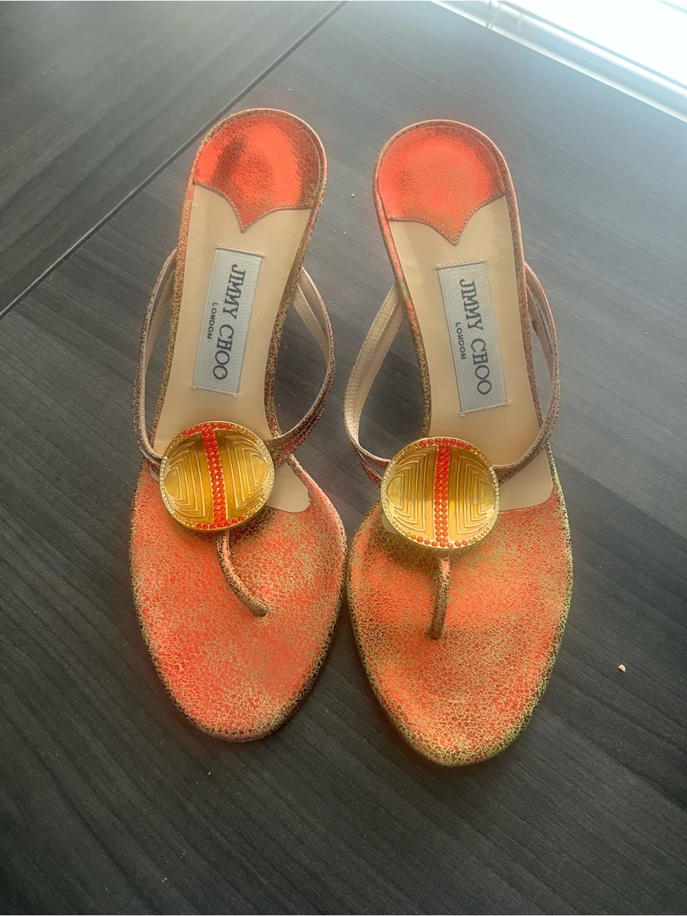 Jimmy Choo Orange and Gold Round-Medal Thong Sandals